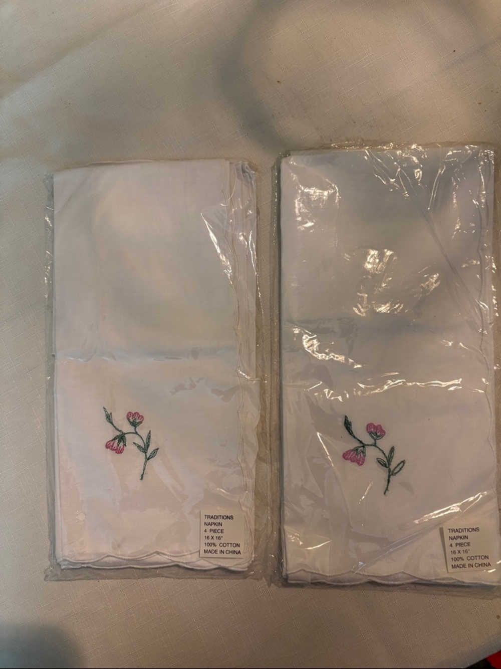 NWT Embroidered Pink Flower white Cotton Napkins - Set of 2 (4 per pack)